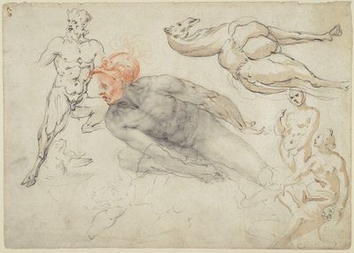Estudos de nus masculinos e femininos, de um sátiro e de um camelo (anverso); estátua de Marco Aurélio (verso) de Cherubino Alberti