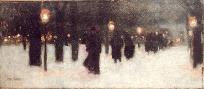Across the Common em uma noite de inverno, c.1885-86 (óleo no painel) de Childe Frederick Hassam