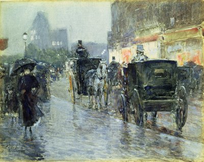 Táxis puxados a cavalo à noite, Nova York, c.1890 (aquarela e guache sobre papel) de Childe Frederick Hassam