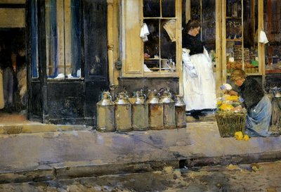 The Milk Churns, c.1888 (aguarela sobre papel) de Childe Frederick Hassam