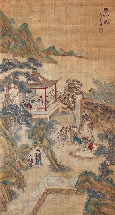 Estudando estudiosos em um rolo de jardim pendurado de Chinese Master