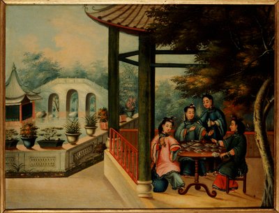 Uma cena de jardim chinês com damas tomando chá, meados do século XIX de Chinese School