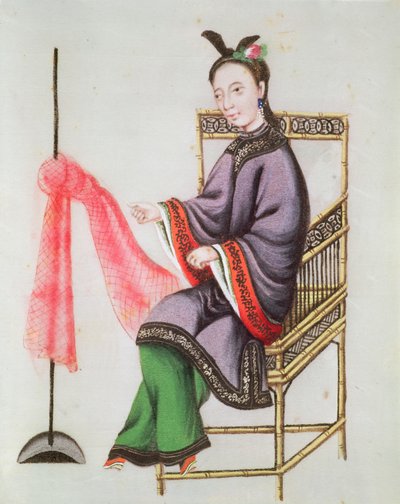 Uma mulher chinesa fazendo uma rede de pesca, Qianlong período (1736-96) (guache sobre papel) de Chinese School