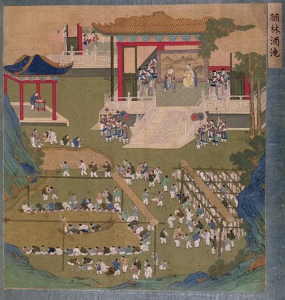 Imperador chinês antigo e imperatriz, segurando a corte antes de os cortesãos boating e beber de uma lagoa de vinho de arroz e ajudando-se a flitches de bacon (wc & guache sobre papel) de Chinese School