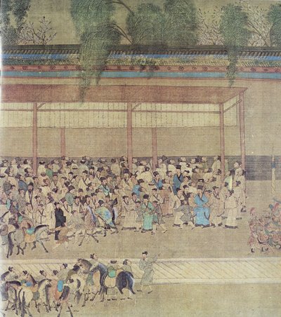 Chinês antigo que espera resultados do exame, fac-símile do rolo chinês original de Chinese School