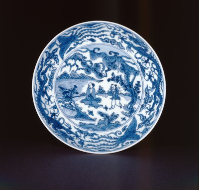 Prato azul e branco pintado com um sábio e atendente, marca Wanli e período, 1573-90 (porcelana) de Chinese School