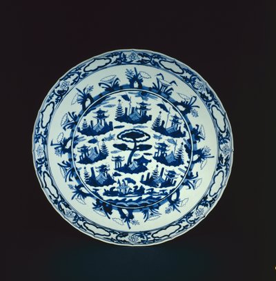 Prato azul e branco pintado com ilhas rochosas e pavilhões, Wanli ou Tianqi, 1600-25 (porcelana) de Chinese School