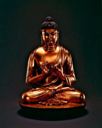 Buda Vairocana (Dari), dinastia Tang (618-907), início do século 8 (bronze com chumbo dourado) de Chinese School