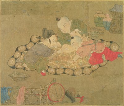 Crianças brincando, dinastia Ming, 1500 (wc em seda) de Chinese School