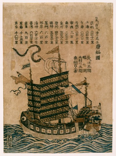 Navio chinês (Tosen Zu) com lista da rota de mar de China a Japão, c.1850 (impressão do woodblock da cor) de Chinese School