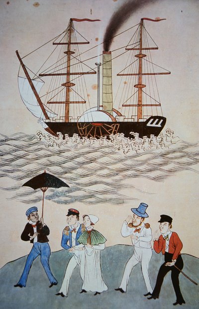 Pintura chinesa do primeiro navio a vapor britânico e passageiros a desembarcar no Cantão c.1840 (ver também 268028) de Chinese School