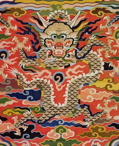 Detalhe de tecido representando um Kossu de cinco dragões, período Wanli, 1573-1619 (seda) (ver 206710) de Chinese School