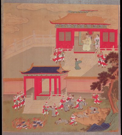 Imperador Chin Wang Ti (r.221-210 aC) que queima todos os livros chineses e joga os acadêmicos em uma profunda ravina, de uma história de imperadores chineses em 213 aC (cor sobre seda) de Chinese School