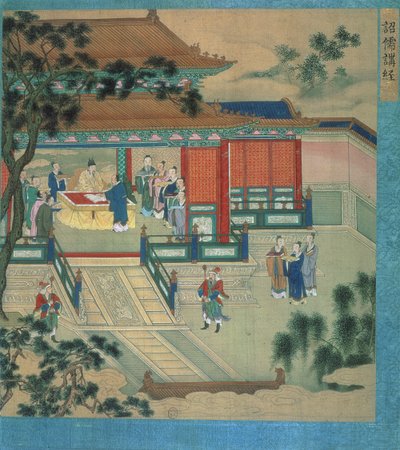 Imperador Hsien Ti (fl.189-220) com estudiosos que traduzem textos clássicos, de uma história de imperadores chineses (cor de seda) de Chinese School