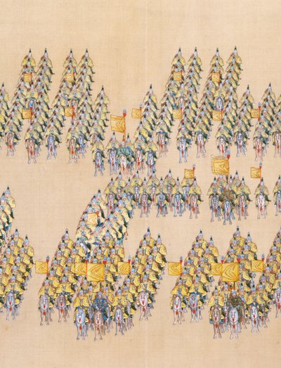 Revisão do imperador Qianlong sobre o grande desfile de tropas, corridas de mãos de Chinese School