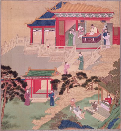Imperador Tai Tsung (r.762-779) lendo um livro médico, de uma história de imperadores chineses (cor de seda) de Chinese School