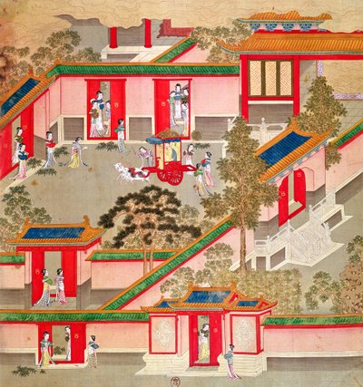 Imperador Wu Ti (156-87, r.141-87 aC), deixando seu palácio, a partir de uma história de imperadores chineses (cor de seda) de Chinese School