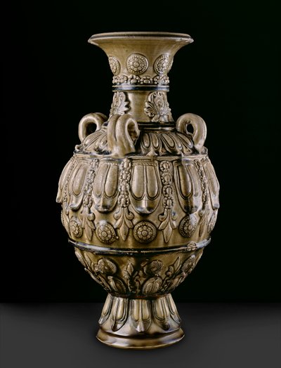 Jarra Greenware com decorações moldadas, Yue Kikn-site, período de seis dinastias (cerâmica) de Chinese School