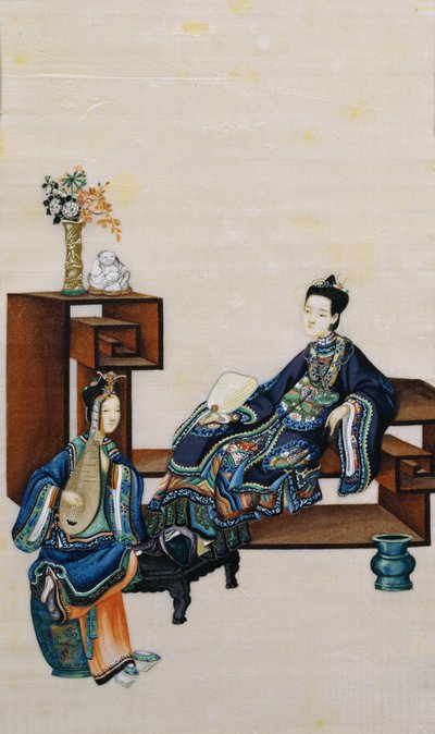 Senhora reclinada com um empregado tocando um instrumento musical de Chinese School
