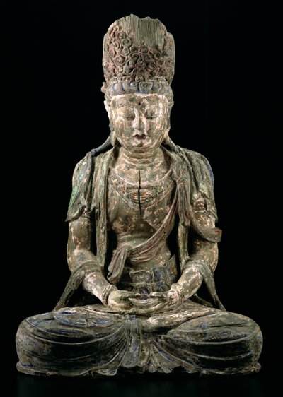 Grande bodhisattva sentado em meditação, dinastia Jin (1115-1234) (madeira e pigmento) (ver 206545) de Chinese School