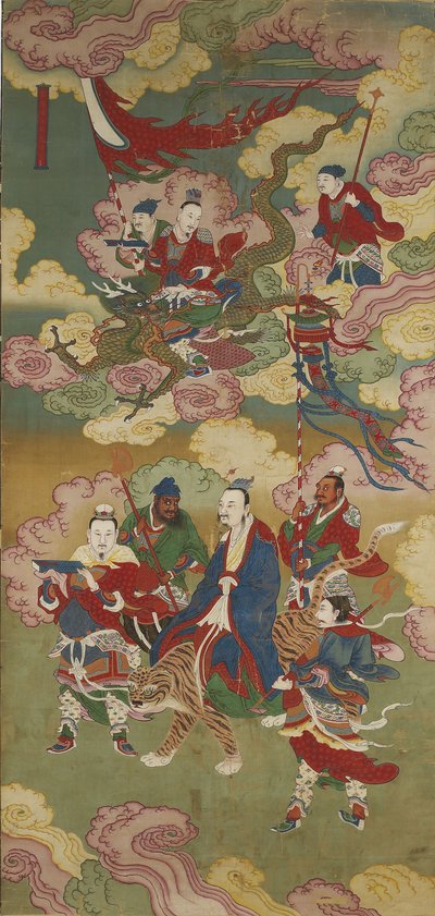 Emissários do Tesouro Numinosos, de uma Terra Budista e Conjunto Ritual da Água (tinta, cor e ouro na seda) de Chinese School