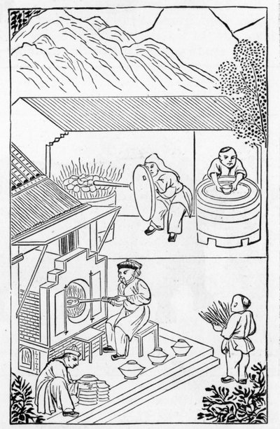 Abertura e fechamento de fornos, a partir de uma série de ilustrações sobre a fabricação da china (ver 384116 e 384117 para toda a série) de Chinese School