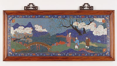 Painel representando uma paisagem chinesa, dinastia Ming (cloisonne esmalte) de Chinese School