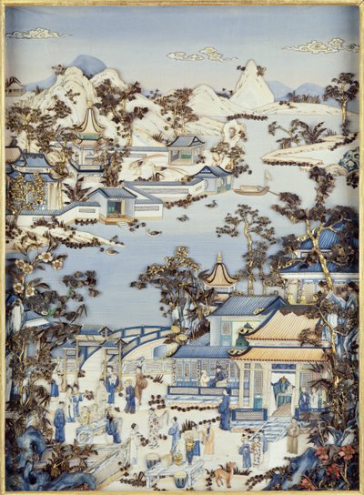 Painéis representando figuras num terraço, período Qianlong, 1736-95 (marfim policromado) (um de um par) (ver 206571, 206573) de Chinese School