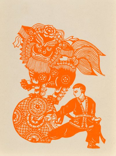 Papercut mostrando uma dança do leão (papel cortado) de Chinese School