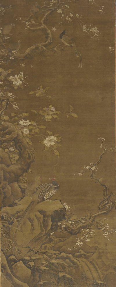 Faisões e Flores de Ameixa Cobertas de Neve, dinastia Ming ou Qing, do século XV ao XVIII de Chinese School