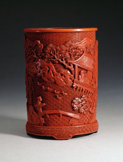 Escova moldada em vermelho, representando o famoso calígrafo Wang Hsi-chih (c.307-365 dC) sentado em seu retiro no pavilhão, olhando para os gansos em uma lagoa e um menino cruzando uma ponte, a dinastia Ching, Qianlon de Chinese School