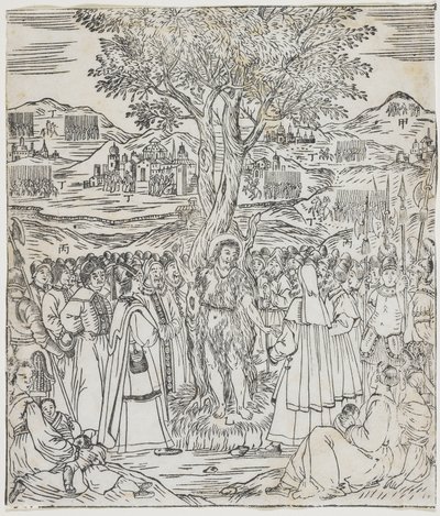 Pregação de São João Batista, prato de Giulio Alenis Tianzhu jiangsheng zhuxiang jingjie (Uma História Ilustrada do Senhor do Céu que se tornou Encarnado na Carne), Igreja Jinjiang, Fujian de Chinese School