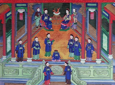 Cena retratando um funcionário imperial chinês em casa sentado com sua esposa (guache em seda) de Chinese School