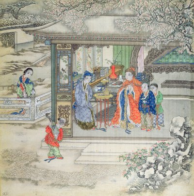 Cena em um jardim com uma família recebendo visitantes (guache em seda) de Chinese School