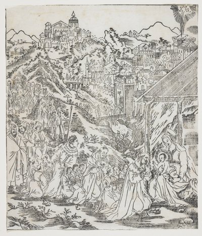 A Adoração de Cristo, prato de Giulio Alenis Tianzhu jiangsheng zhuxiang jingjie (Uma História Ilustrada do Senhor do Céu que se tornou Encarnado na Carne), Igreja Jinjiang, Província de Fujian de Chinese School