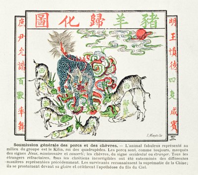 O Kilin é adorado pelos porcos e cabras que perceberam os erros do cristianismo e reconhecem a supremacia da China, em 1891. de Chinese School