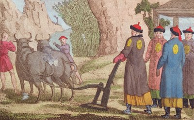 O Festival da Lavoura na China, ilustração do frontispício de La Chine en Miniature, de JB Breton, Paris, editado por Nepveu, 1811 (gravura colorida) de Chinese School