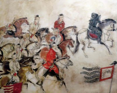 Túmulo do Príncipe Zhanghuai, cena de caça com cavalos, Xian, período Han, 706 (mural) de Chinese School