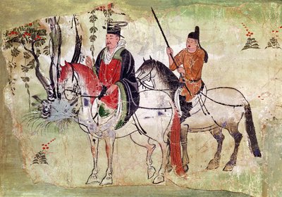 Dois Cavaleiros em uma Paisagem ou, O Boddhisatva e seu Equerry, Período Tang (pedra pintada) de Chinese School