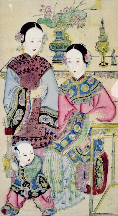 Duas mulheres com uma criança, Yangliuqing (impressão de woodblock de cor) de Chinese School