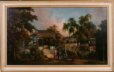 Vista do jardim de Howqua em Cantão com damas por um pavilhão, c.1850 de Chinese School
