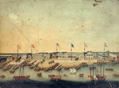 Vista dos Hongs em Canton com as fábricas dinamarquesas, austríacas, americanas, suecas, britânicas e holandesas (óleo sobre cobre) de Chinese School