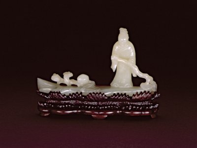 Zhang Qian em pé em uma jangada de log de direção com um ramo de lingzhi ao lado de um ramo de lingzhi e um pêssego (pedra branca) de Chinese School