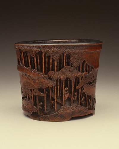 Grande pincel com os Sete Sábios do Bosque de Bambu em suas atividades literárias dentro de uma floresta de bambu, período Kang-hsi (1662-1722), dinastia Ching (bambu entalhado) de Chinese School Chinese School