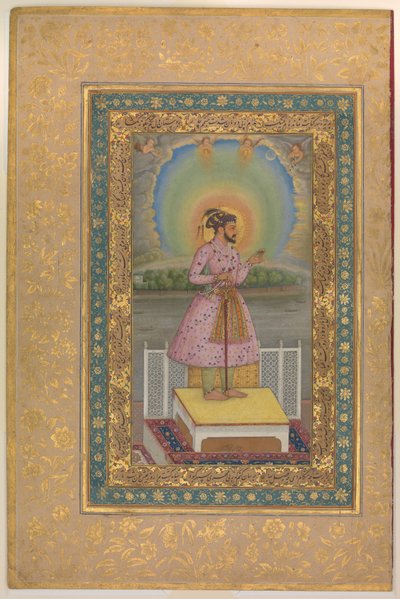 Shah Jahan em um terraço, segurando um conjunto de pendentes com seu retrato, capa do álbum Shah Jahan, data: 1627–28 de Chitarman