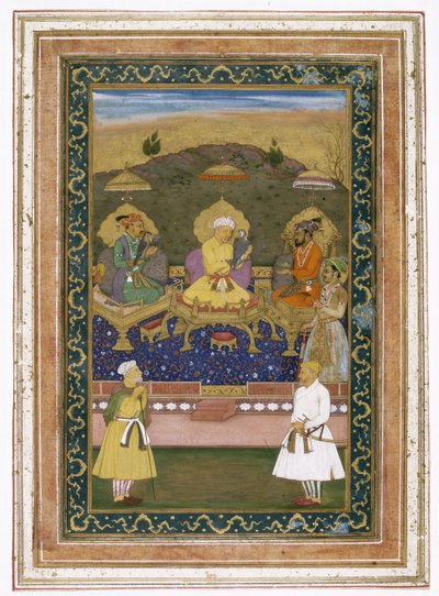 Os imperadores Akbar, Jahangir e Shah Jahan, com seus ministros e o príncipe Dara Shikoh, c.1630-40 de Chitarman