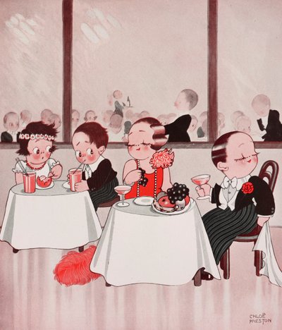 Ratos da cidade e ratos do campo, Cidadãos refinados vs. homens do campo não refinados, cena de restaurante, desenho de Chloe Preston (1887-1969) extraído de The Tatler, n.º 1384, 4 de janeiro de Chloe Preston