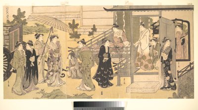 Uma cena disfarçada de O Conto de Genji (Fūryū Yatsushi Genji), capítulo 33, «Folhas de glicínia (Fuji no uraba)» de Chobunsai Eishi