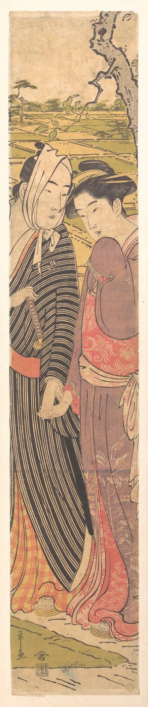Ein Mann und ein Mädchen gehen in den Reisfeldern de Chobunsai Eishi