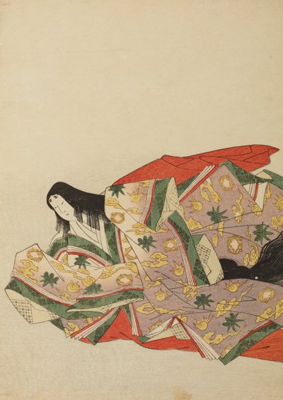 Dama da corte sentada com uma veste violeta-clara de padrão verde e amarelo, prancha do álbum: Nishiki-zuri onna sanju rokkasen e-zukushi de Chobunsai Eishi